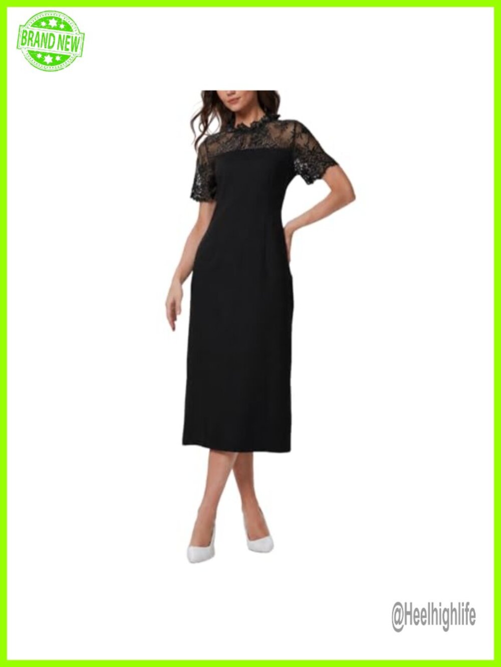 Lace Bodycon Midi Cocktail Dress Short Sleeve Semi Formal Party